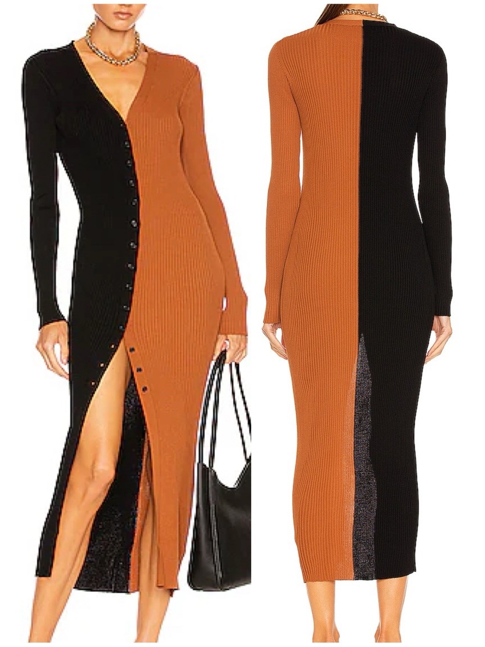 STAUD Shoko Colorblock Black & Brown Long Sleeve Ribbed Midi Dress Medium